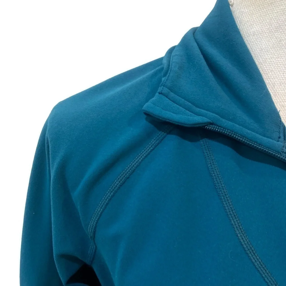 Zella zip up teal ruched athletic jacket with zip up pockets & ruffle back small